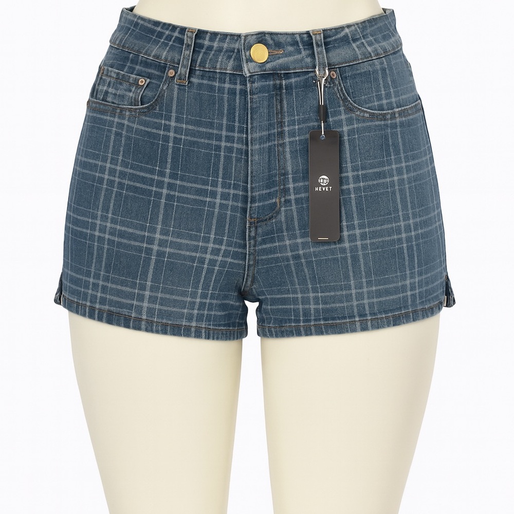 NWT‎ Tractr Womens High Rise Denim Shorts Size 6/28 Indigo Plaid Casual